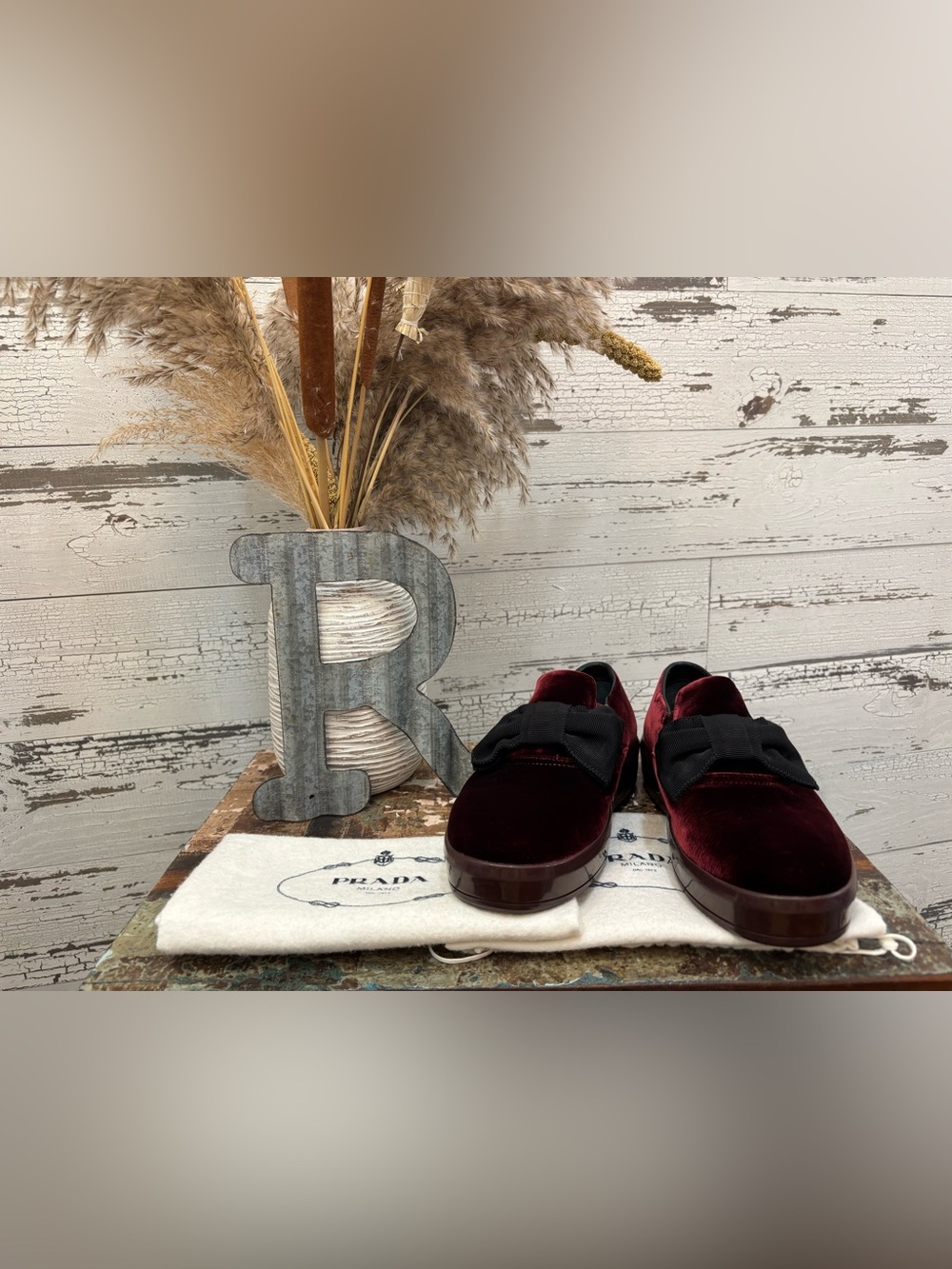 Prada Burgundy Velvet Slip-On Loafers with Black Bow Accent COA